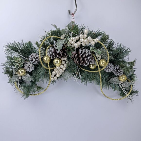 Artificial Evergreen Pinecone Holiday Swag with Gold and Pearl Accents 23"x12" - Picture 1 of 7